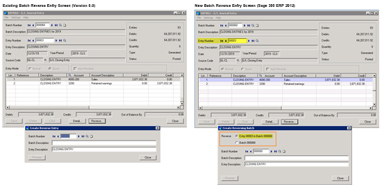 GL Batch Reversal Entry screen comparison Sage ERP Accpac V6.0 vs Sage 300 ERP 2012