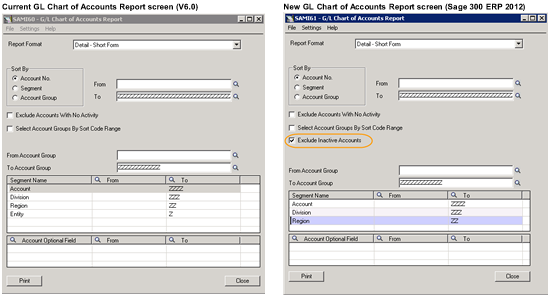 GL Chart of Accounts report screen comparison Sage ERP Accpac V6.0 vs Sage 300 ERP 2012