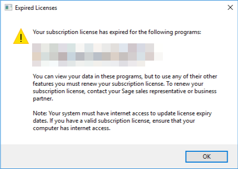 Sage 300 Subscription license has expired