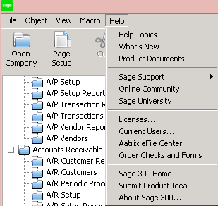 Help menu options