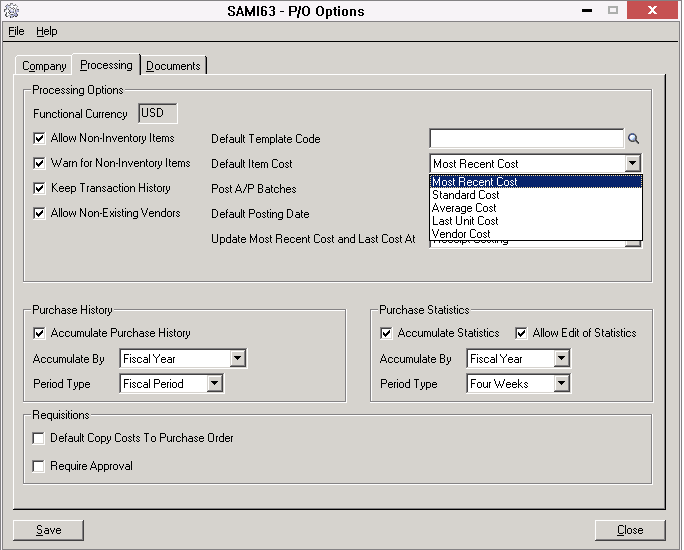 PO Options screen